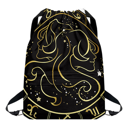 Gold And Black Gemini Sign Print Drawstring Backpack