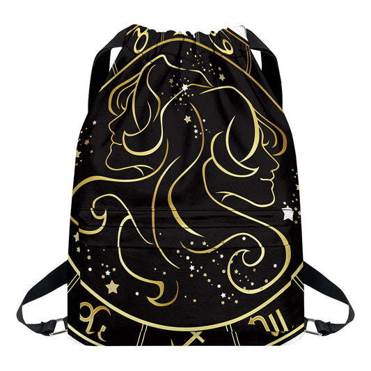 Gold And Black Gemini Sign Print Drawstring Backpack