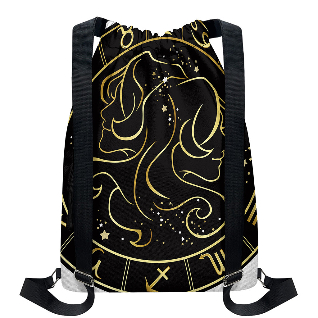 Gold And Black Gemini Sign Print Drawstring Backpack