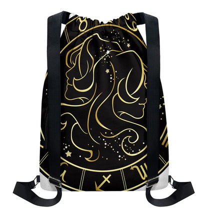 Gold And Black Gemini Sign Print Drawstring Backpack