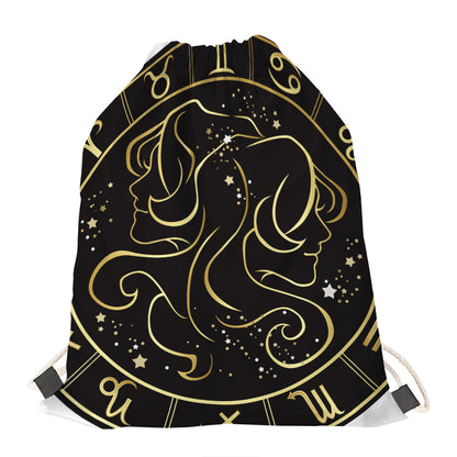 Gold And Black Gemini Sign Print Drawstring Bag