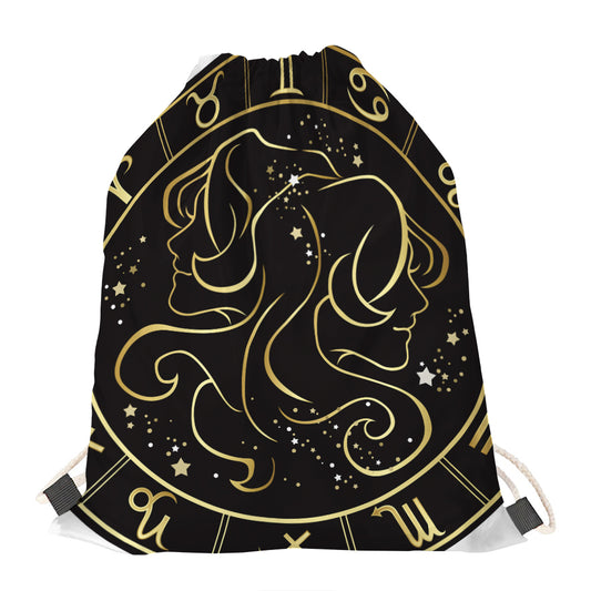 Gold And Black Gemini Sign Print Drawstring Bag