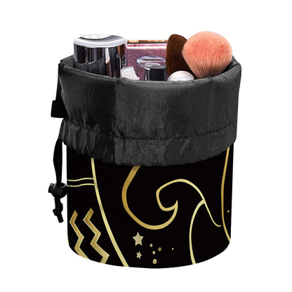 Gold And Black Gemini Sign Print Drawstring Makeup Bag