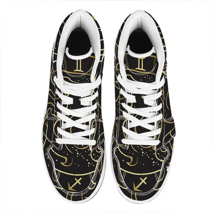 Gold And Black Gemini Sign Print High Top Leather Sneakers