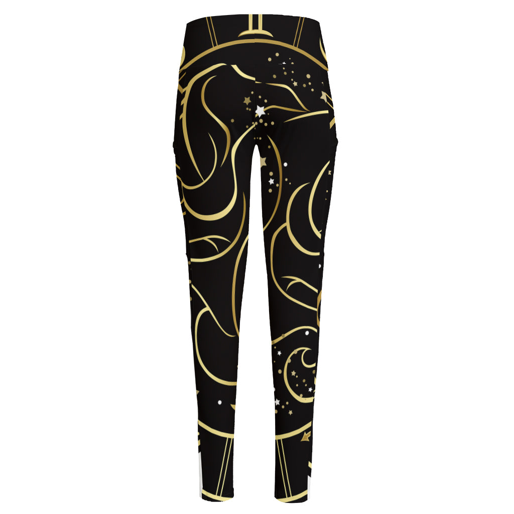 Gold And Black Gemini Sign Print High-Waisted Pocket Leggings