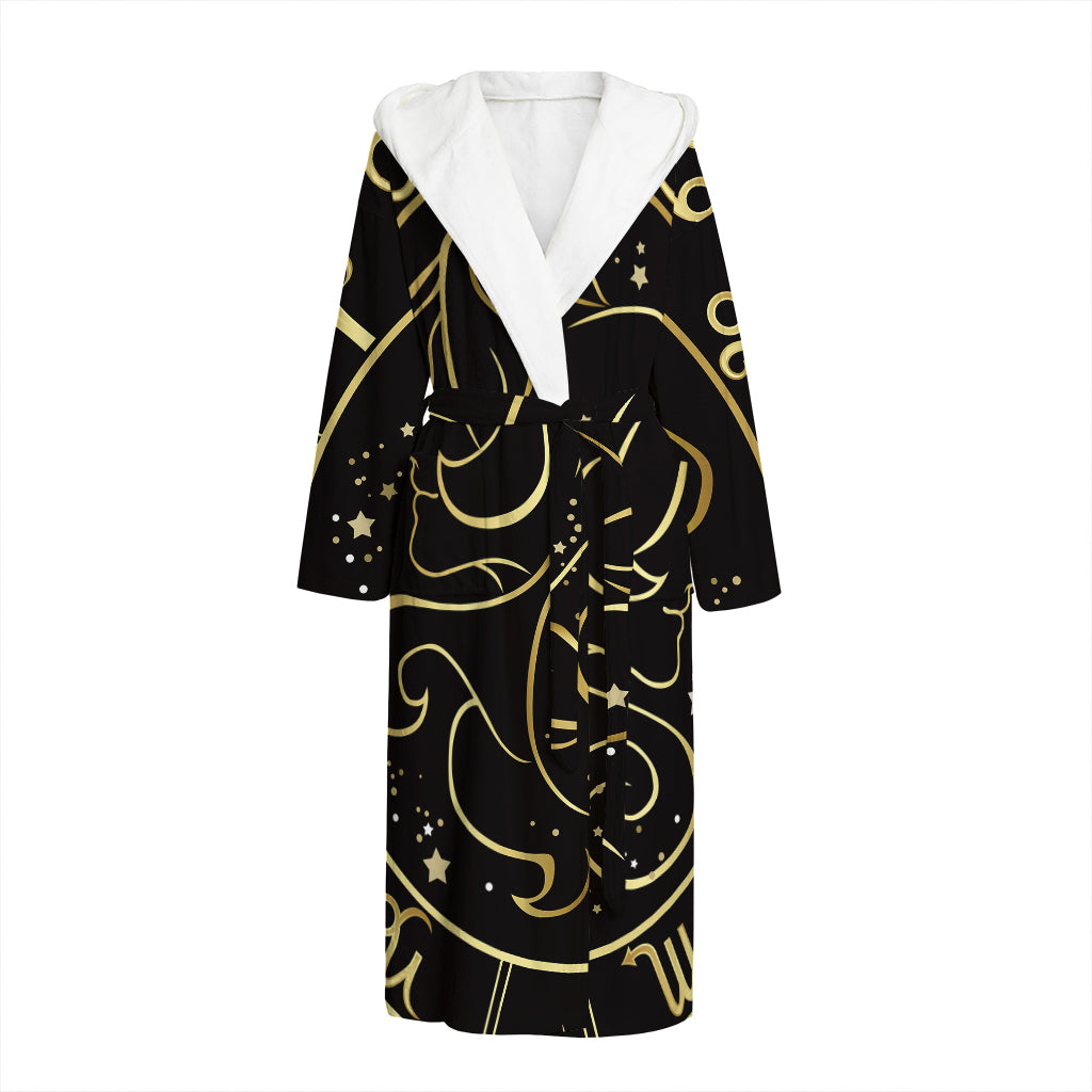 Gold And Black Gemini Sign Print Hooded Bathrobe