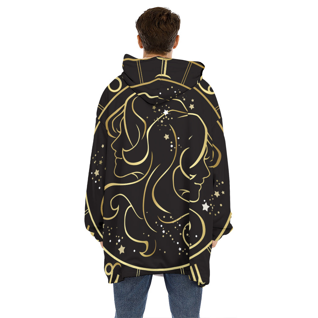 Gold And Black Gemini Sign Print Hoodie Blanket
