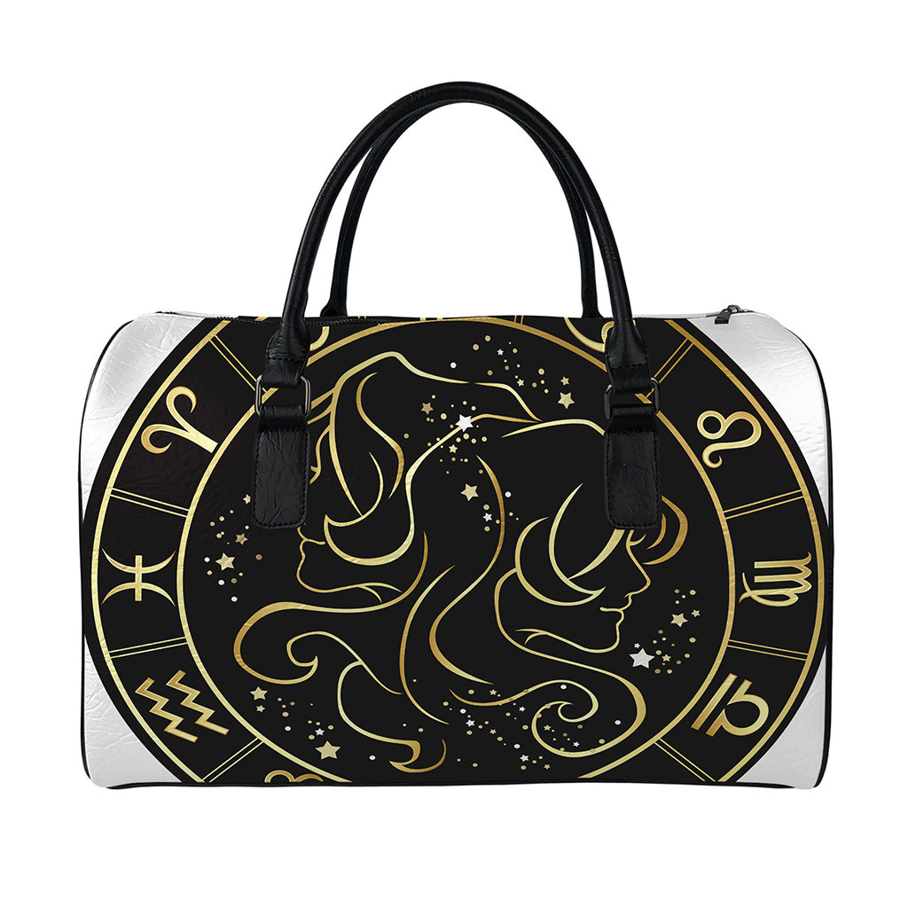 Gold And Black Gemini Sign Print Leather Duffle Bag