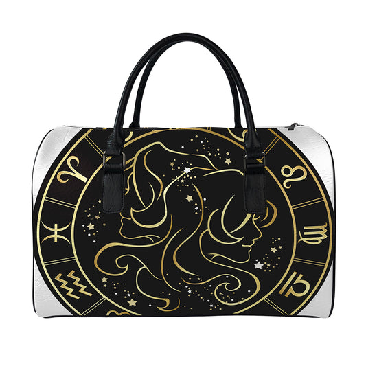 Gold And Black Gemini Sign Print Leather Duffle Bag