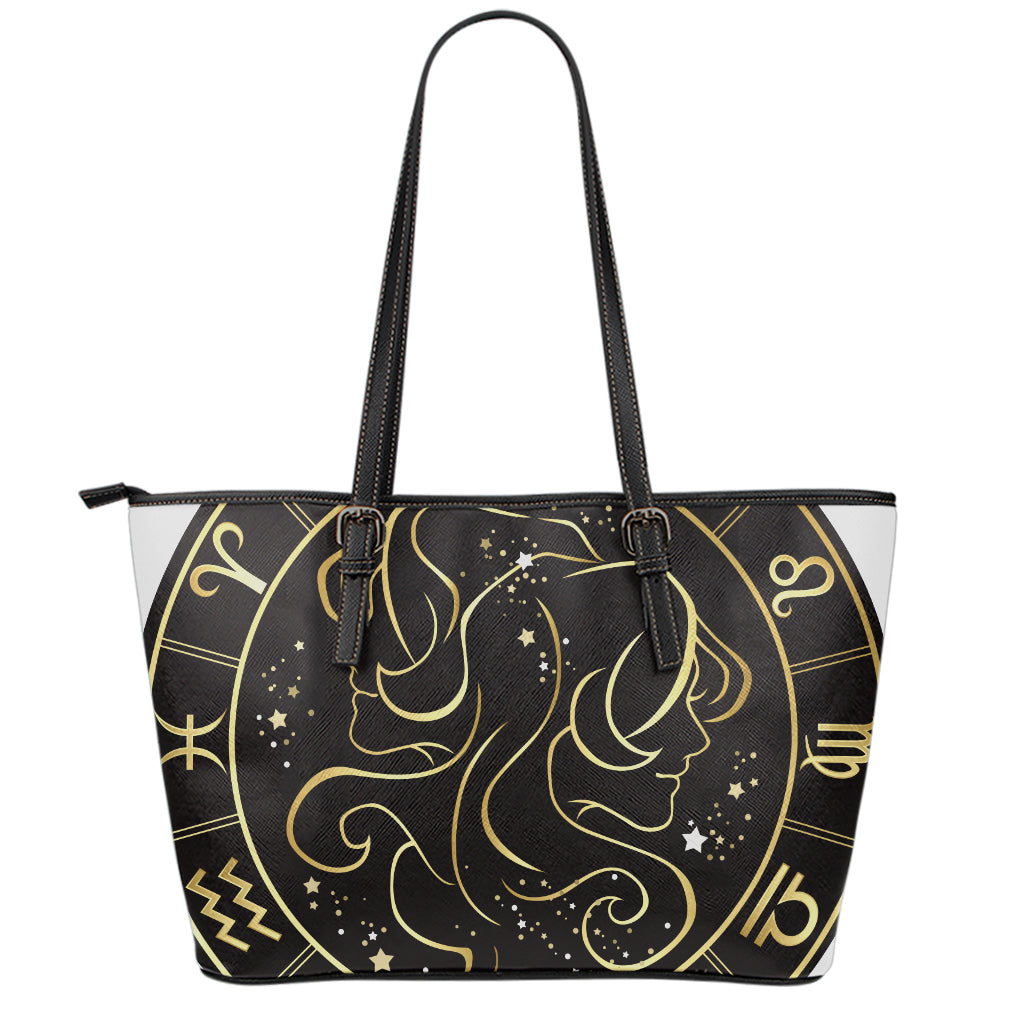 Gold And Black Gemini Sign Print Leather Tote Bag