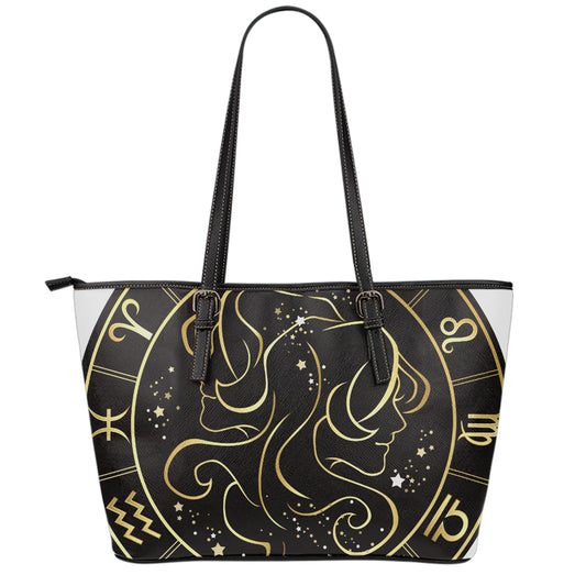 Gold And Black Gemini Sign Print Leather Tote Bag