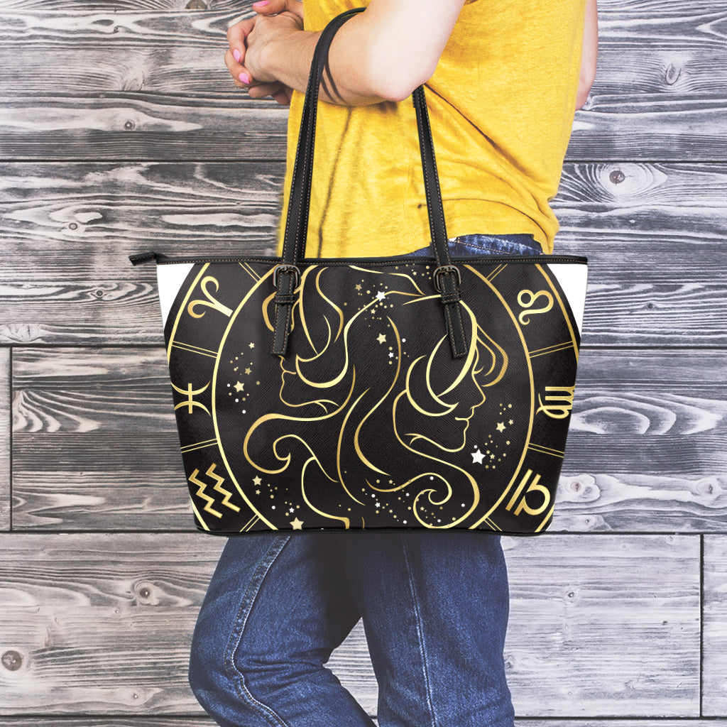 Gold And Black Gemini Sign Print Leather Tote Bag