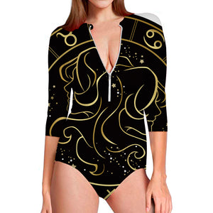 Gold And Black Gemini Sign Print Long Sleeve Swimsuit