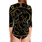 Gold And Black Gemini Sign Print Long Sleeve Swimsuit