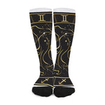 Gold And Black Gemini Sign Print Long Socks