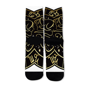 Gold And Black Gemini Sign Print Long Socks