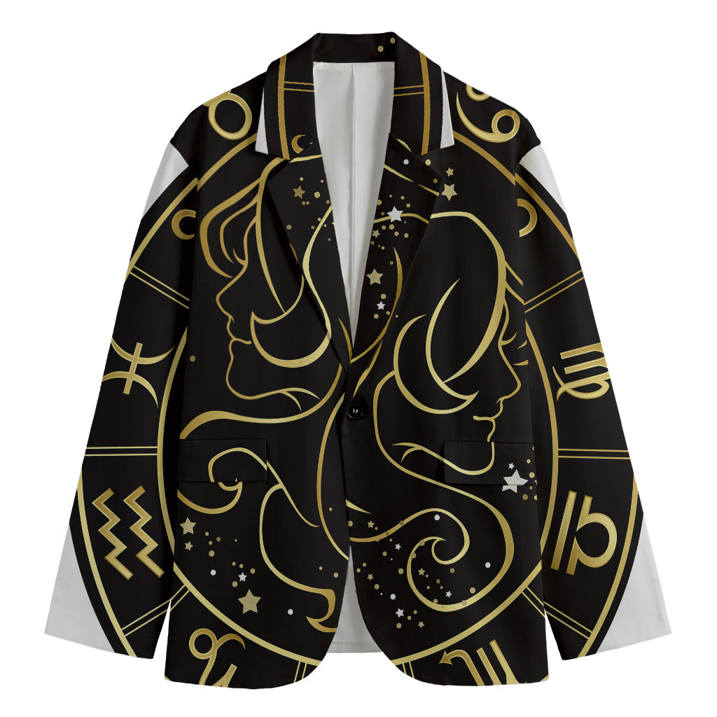 Gold And Black Gemini Sign Print Men's Cotton Blazer