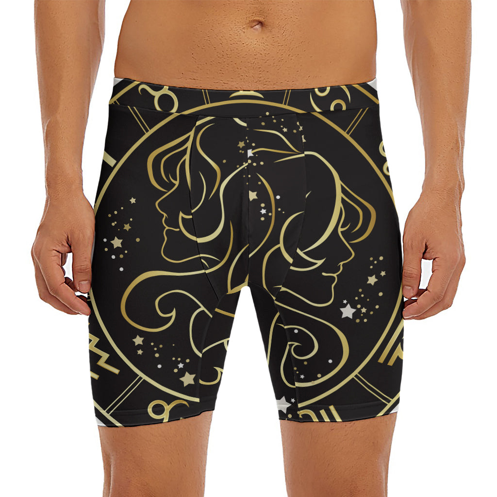 Gold And Black Gemini Sign Print Men's Long Boxer Briefs