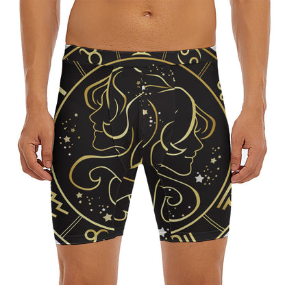 Gold And Black Gemini Sign Print Men's Long Boxer Briefs