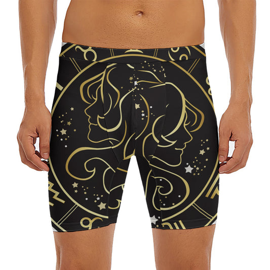 Gold And Black Gemini Sign Print Men's Long Boxer Briefs