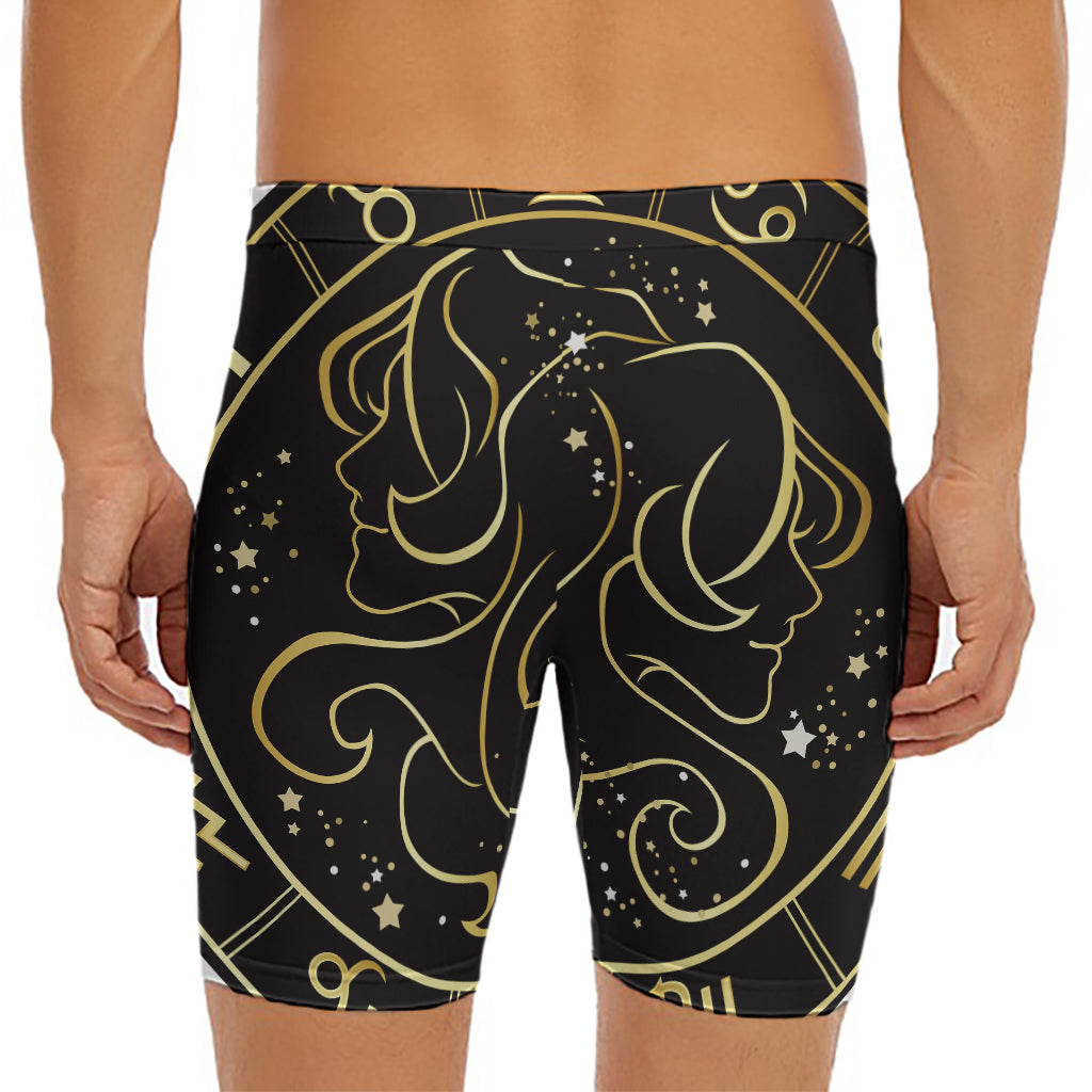 Gold And Black Gemini Sign Print Men's Long Boxer Briefs