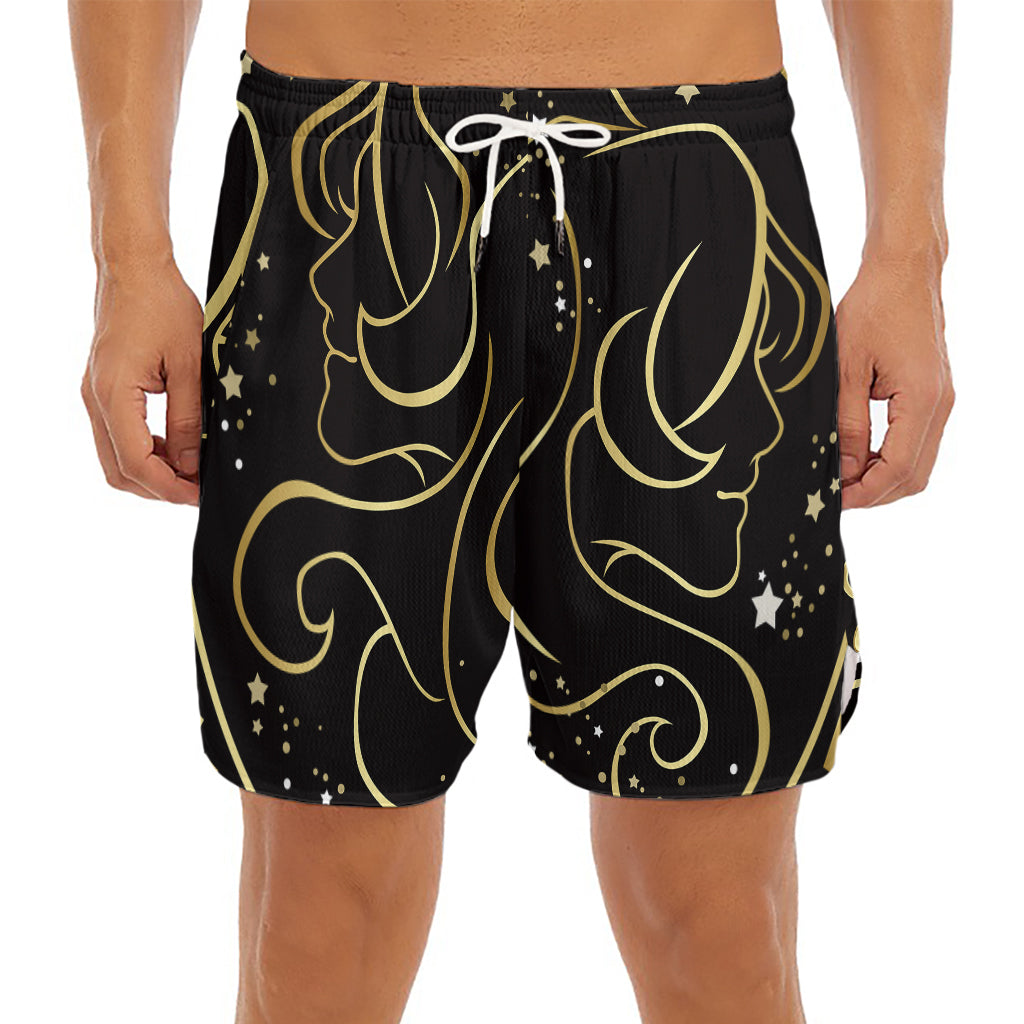 Gold And Black Gemini Sign Print Men's Split Running Shorts