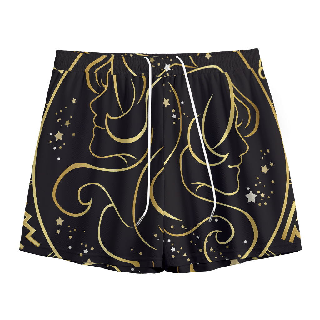 Gold And Black Gemini Sign Print Mesh Shorts