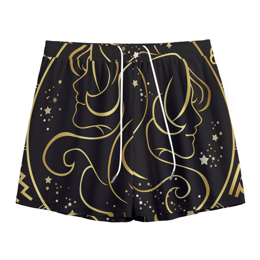 Gold And Black Gemini Sign Print Mesh Shorts