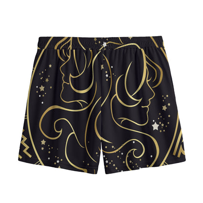 Gold And Black Gemini Sign Print Mesh Shorts