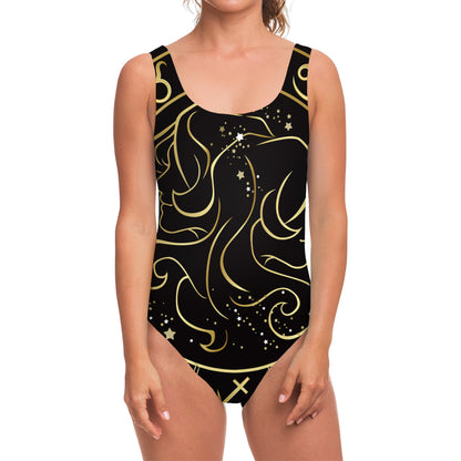 Gold And Black Gemini Sign Print One Piece Swimsuit