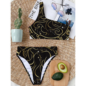 Gold And Black Gemini Sign Print One Shoulder Bikini Top