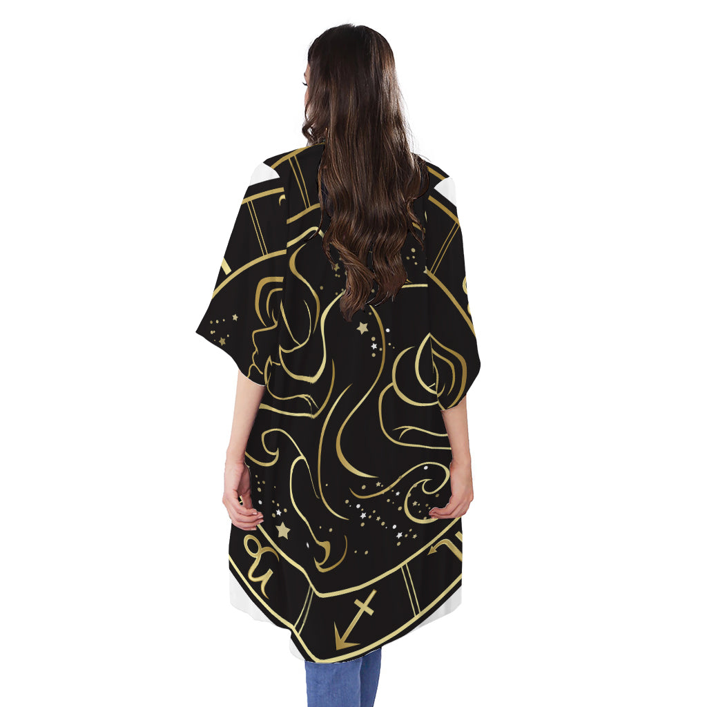 Gold And Black Gemini Sign Print Open Front Beach Cover Up