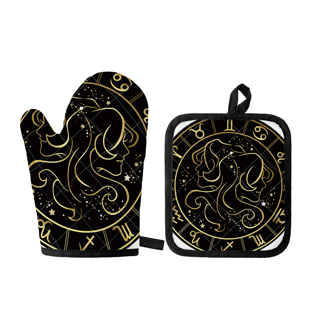 Gold And Black Gemini Sign Print Oven Mitt And Pot Holder Set