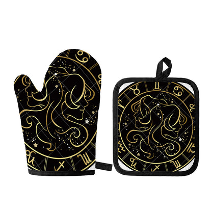 Gold And Black Gemini Sign Print Oven Mitt And Pot Holder Set