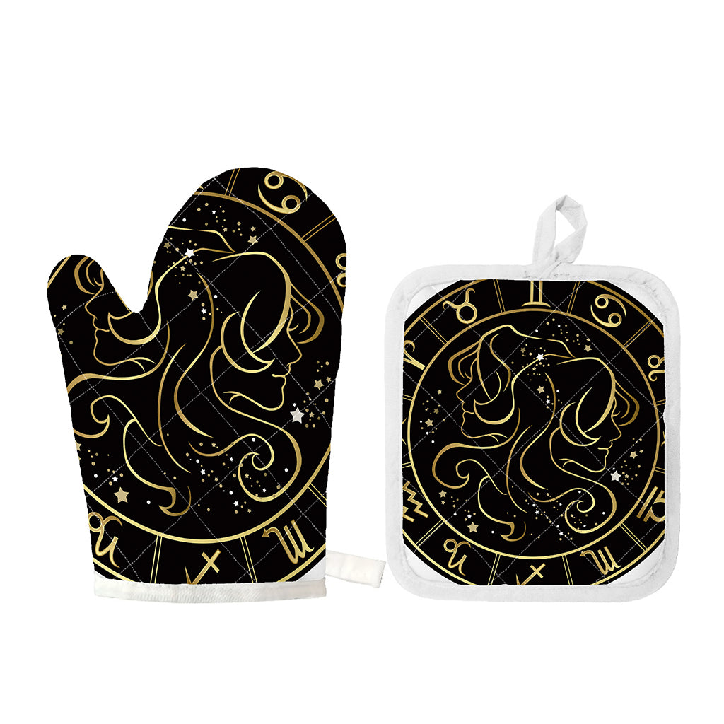 Gold And Black Gemini Sign Print Oven Mitt And Pot Holder Set