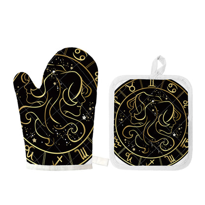 Gold And Black Gemini Sign Print Oven Mitt And Pot Holder Set