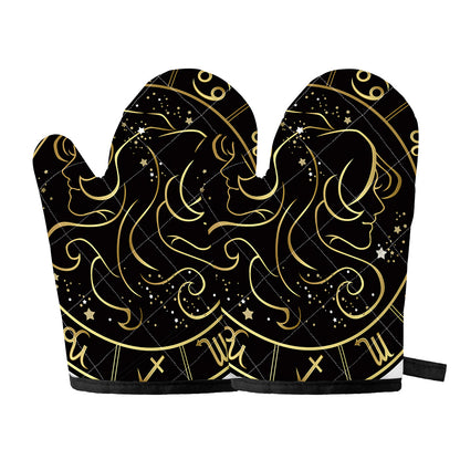 Gold And Black Gemini Sign Print Oven Mitts