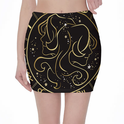 Gold And Black Gemini Sign Print Pencil Mini Skirt