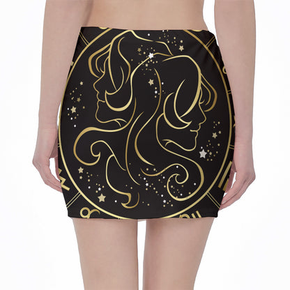 Gold And Black Gemini Sign Print Pencil Mini Skirt