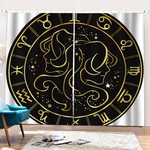 Gold And Black Gemini Sign Print Pencil Pleat Curtains