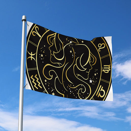 Gold And Black Gemini Sign Print Polyester Flag