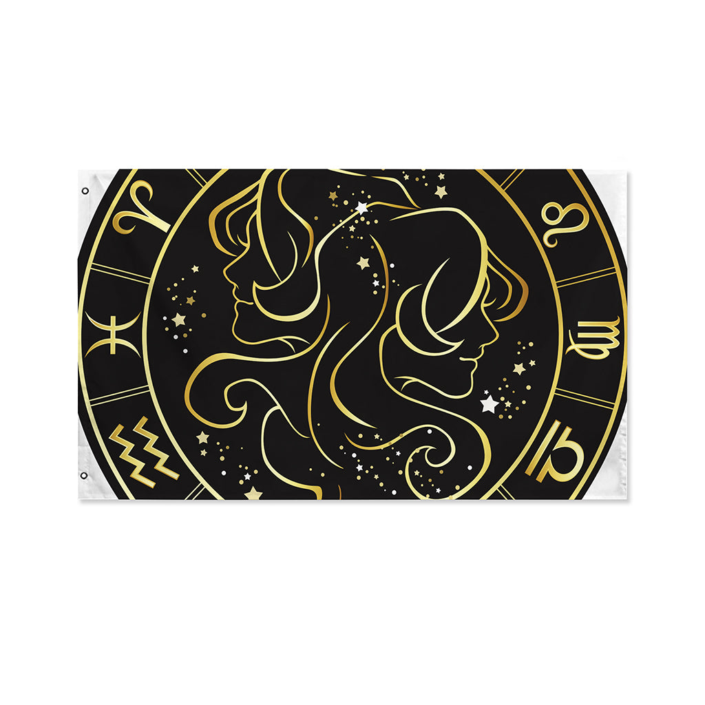 Gold And Black Gemini Sign Print Polyester Flag