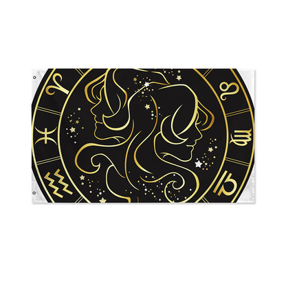 Gold And Black Gemini Sign Print Polyester Flag