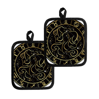 Gold And Black Gemini Sign Print Pot Holders