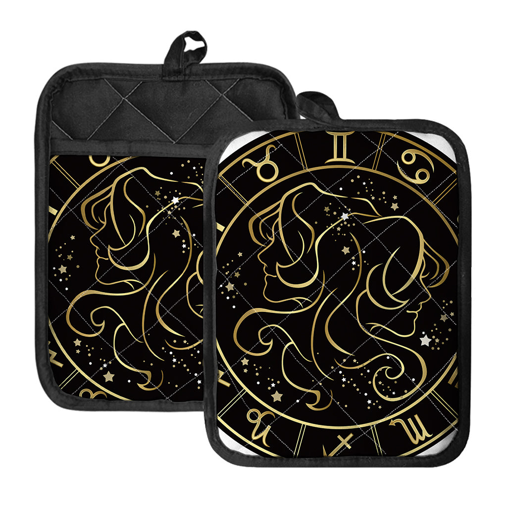 Gold And Black Gemini Sign Print Pot Holders With Pocket