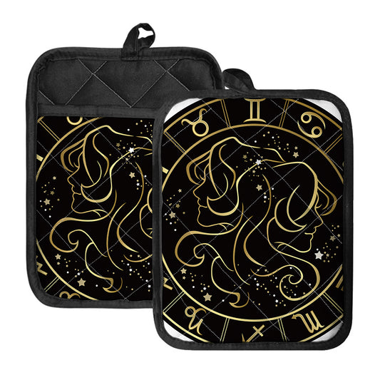 Gold And Black Gemini Sign Print Pot Holders With Pocket