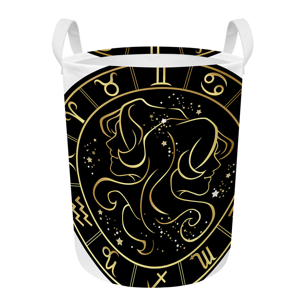 Gold And Black Gemini Sign Print Round Laundry Basket