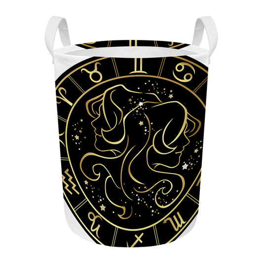 Gold And Black Gemini Sign Print Round Laundry Basket