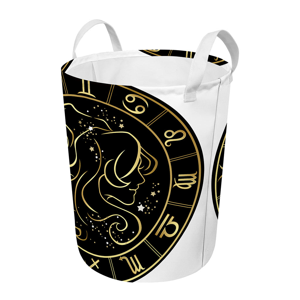 Gold And Black Gemini Sign Print Round Laundry Basket