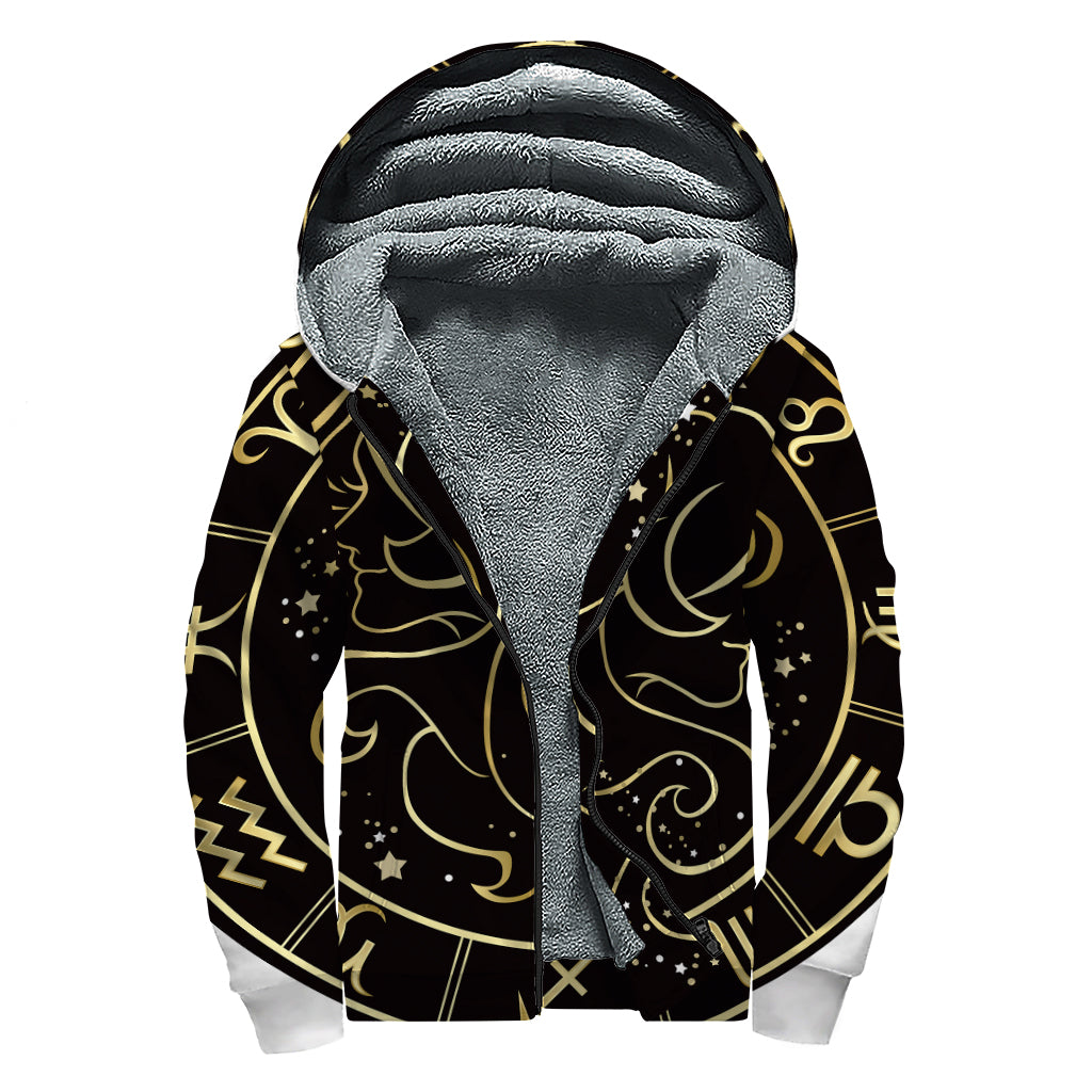 Gold And Black Gemini Sign Print Sherpa Lined Zip Up Hoodie